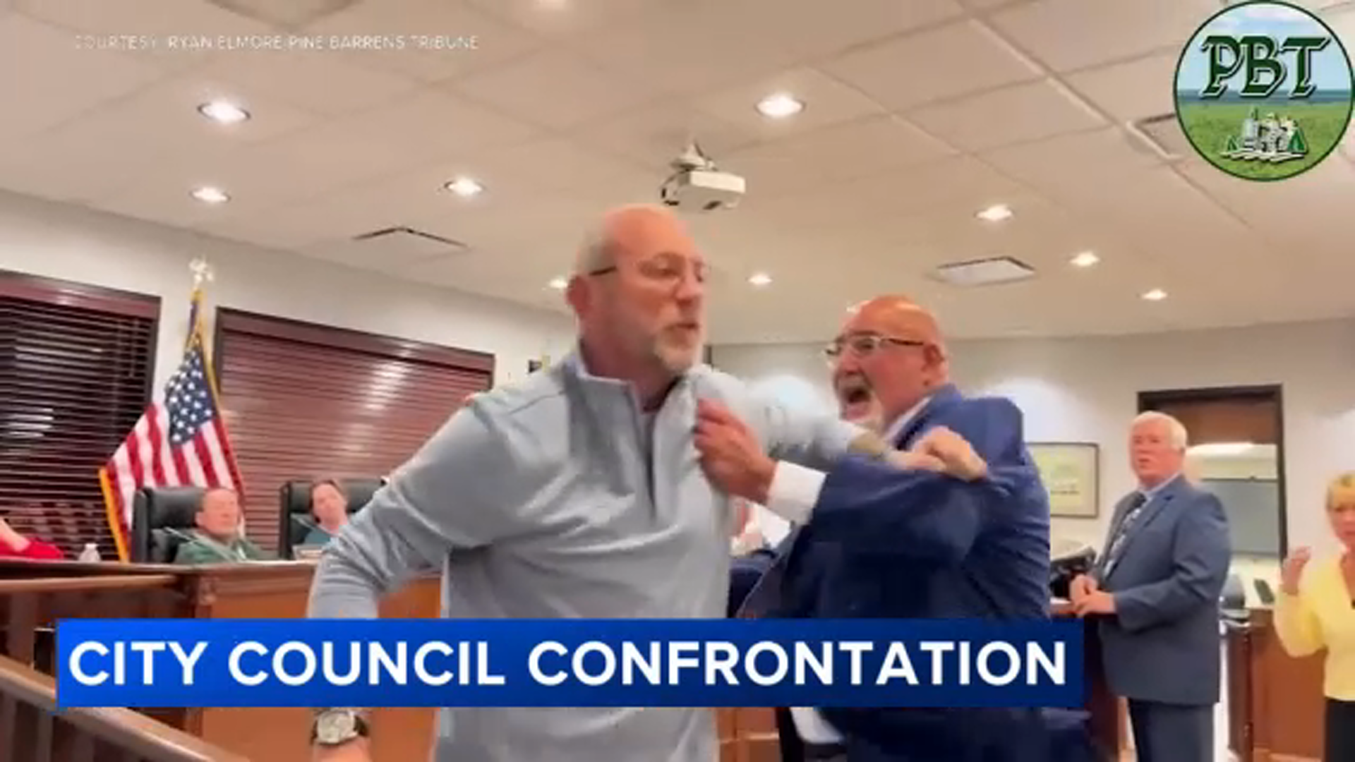 Video shows Pemberton, New Jersey Mayor Matthew Bianchini charging at resident during council meeting
       — ABC 7 Bay Area
